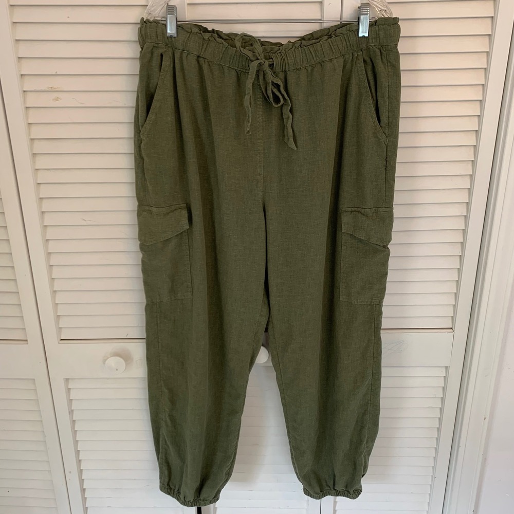 Aerie Linen Blend Cargo Joggers‎ Pants Womens XL Green Drawstring Waist Relaxed